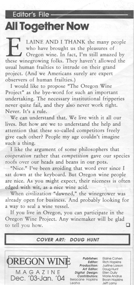 Memorable Oregon Wine Editorials: All Together Now. Dec 2003 - Jan 2004