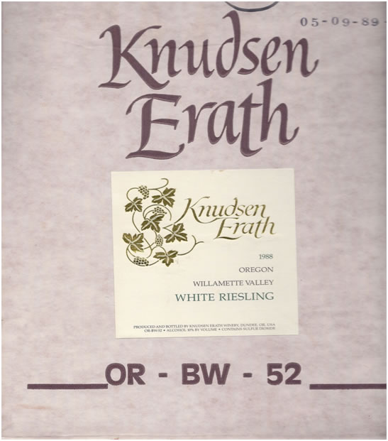 An example of printing and labeling on a Knudsen Erath box of wine circa 1988.